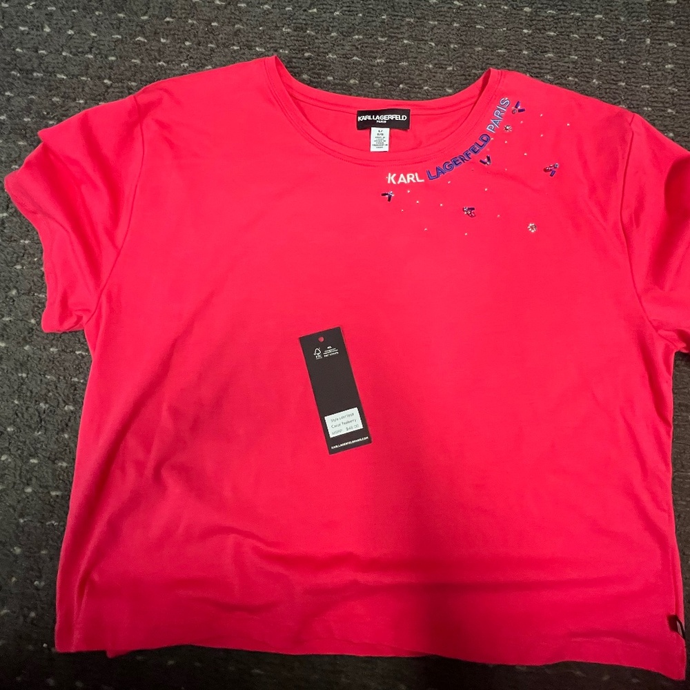 Karl Lagerfeld Pink T-Shirt Embelished with Rhinestones - Large